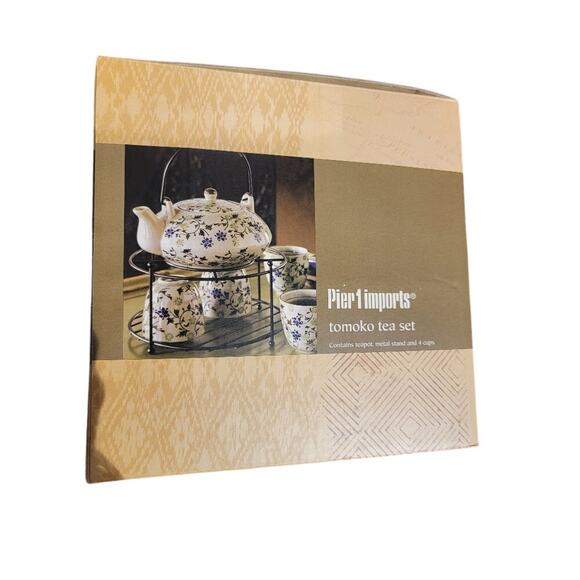 VTG Pier One Tomoko Tea Set w/ Metal Carrier Porcelain Floral Pattern Blue Green - Picture 5 of 5